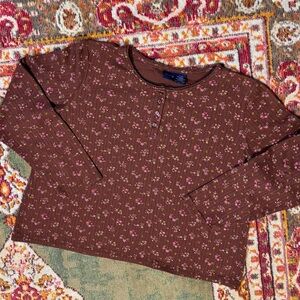 Vintage Basic Editions Brown & Pink Floral Ribbed Henley Long Sleeve Top